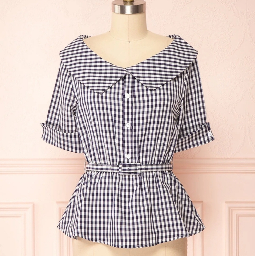 NWOT Lili Sidonio + Molly Bracken Gingham Peplum Top in Navy, Belted, Ruffle Hem